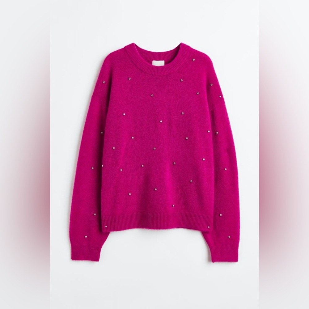 H&M women’s magenta cerise/rinestone beaded sweater size XS
